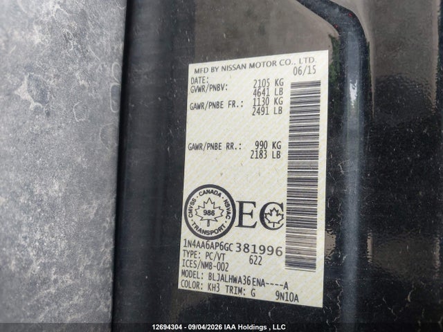 12694304 :رقم المزاد ، 1N4AA6AP6GC381996 vin ، 2016 Nissan Maxima Platinum/sl/sr/sv مزاد بيع