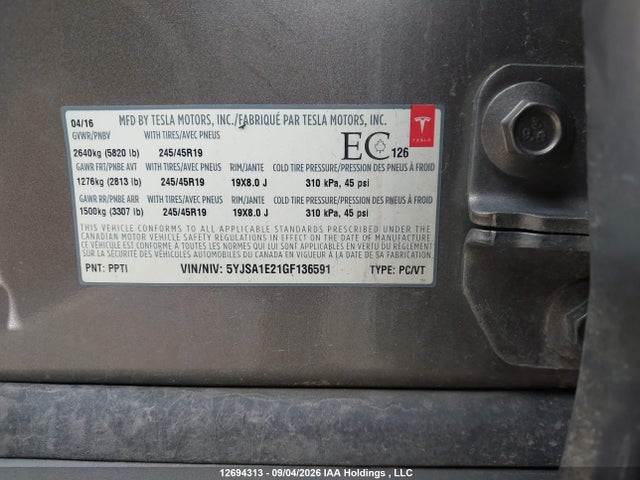Tesla MODEL S 2016 5YJSA1E21GF136591 Image 9