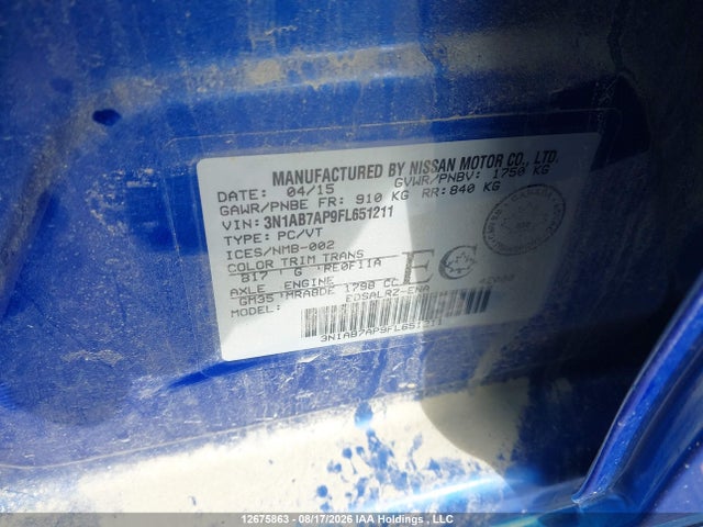 3N1AB7AP9FL651211 Nissan Sentra 1.8 S/1.8 Sl/1.8 Sr/1.8 Sv