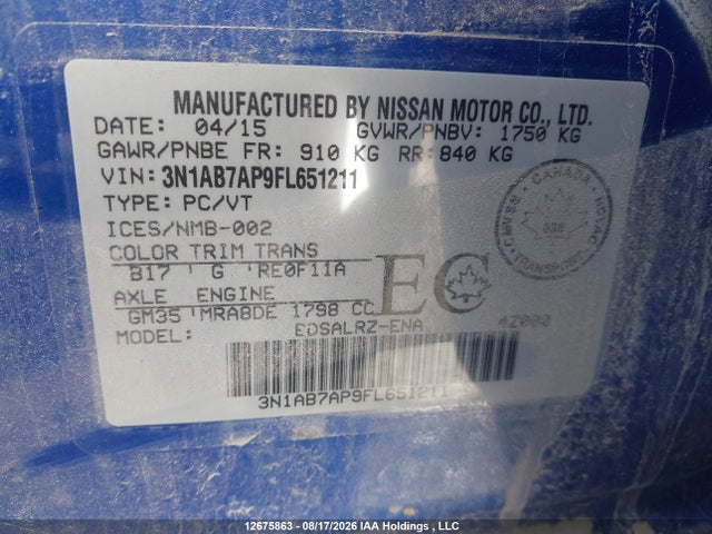 3N1AB7AP9FL651211 Nissan Sentra 1.8 S/1.8 Sl/1.8 Sr/1.8 Sv