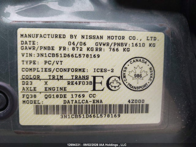 Продажа на аукционе авто 2006 Nissan Sentra 1.8/1.8s, vin: 3N1CB51D66L578169, номер лота: 12694331