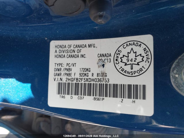 Aukcja sprzedaży 2013 Honda Civic Ex, vin: 2HGFB2F5XDH036753, numer aukcji: 12694349
