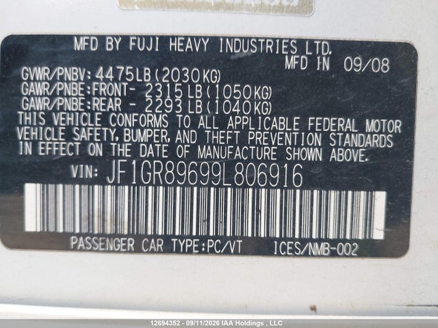 Продажа на аукционе авто 2009 Subaru Impreza Wrx Sti, vin: JF1GR89699L806916, номер лота: 12694352