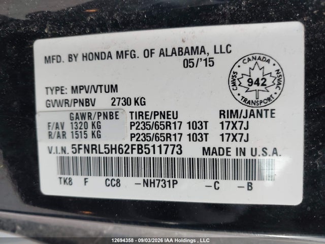 Продажа на аукционе авто 2015 Honda Odyssey Ex-l, vin: 5FNRL5H62FB511773, номер лота: 12694358