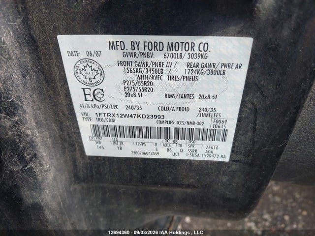 Aukcja sprzedaży 2007 Ford F-150 Stx/xl/xlt, vin: 1FTRX12W47KD23993, numer aukcji: 12694360