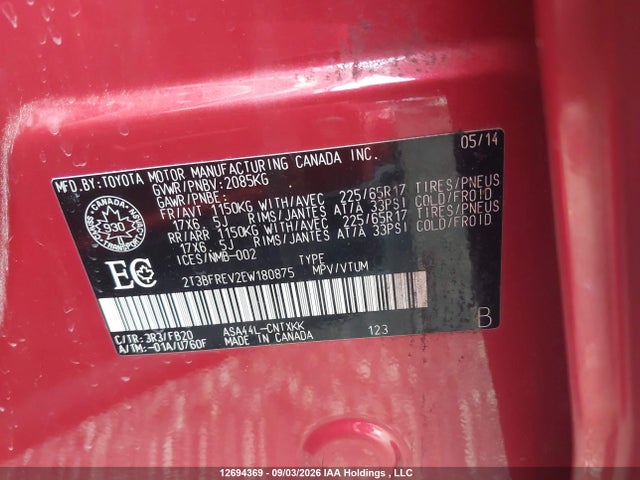 2T3BFREV2EW180875 Toyota RAV4
