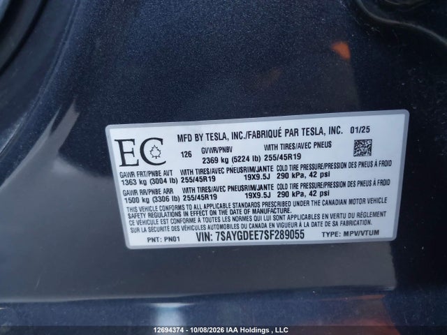 Tesla Model Y Long Range 2025 7SAYGDEE7SF289055 Image 9