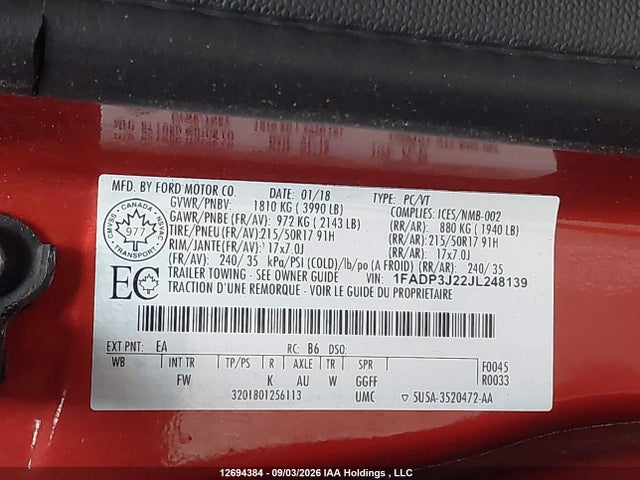 12694384 :رقم المزاد ، 1FADP3J22JL248139 vin ، 2018 Ford Focus Titanium مزاد بيع
