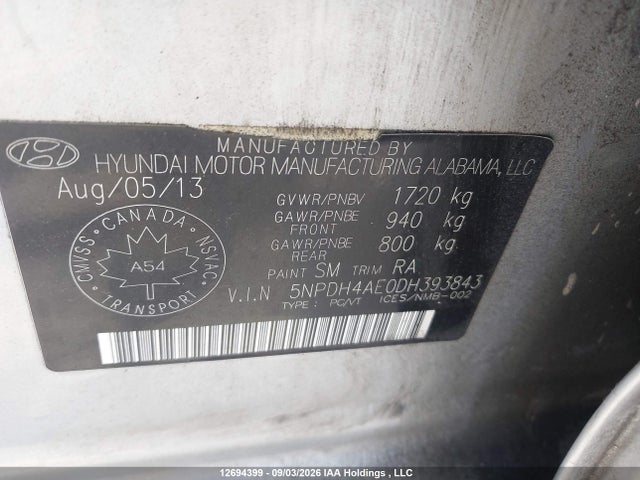 12694399 :رقم المزاد ، 5NPDH4AE0DH393843 vin ، 2013 Hyundai Elantra Gls مزاد بيع