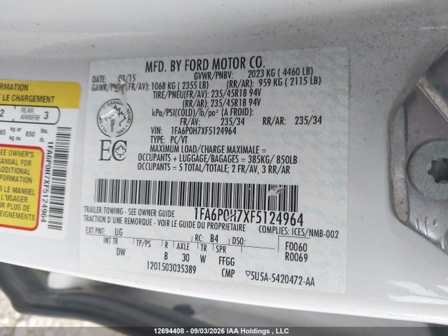 2015 Ford Fusion Se მანქანა იყიდება აუქციონზე, vin: 1FA6P0H7XF5124964, აუქციონის ნომერი: 12694408