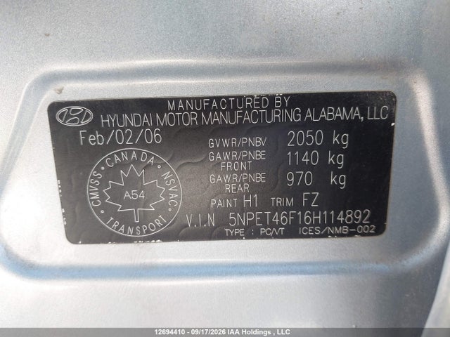 Продаж на аукціоні авто 2006 Hyundai Sonata Gl, vin: 5NPET46F16H114892, номер лоту: 12694410