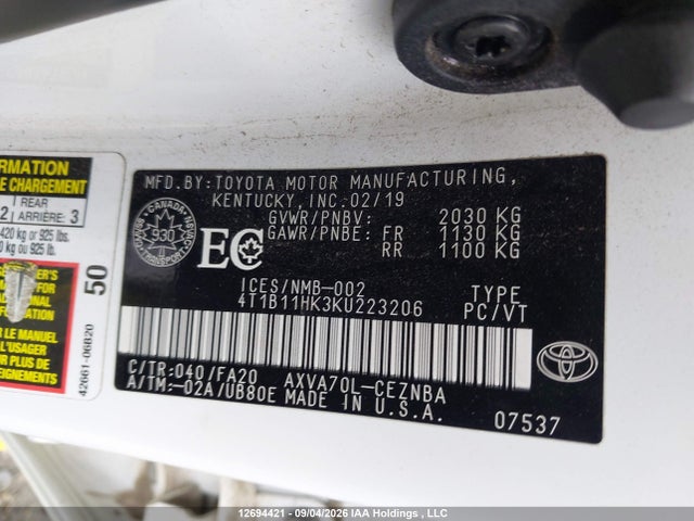 4T1B11HK3KU223206 Toyota Camry L/le/xle/se/xse