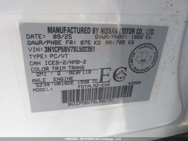 2025 Nissan Kicks Play S Cvt მანქანა იყიდება აუქციონზე, vin: 3N1CP5BV7SL502351, აუქციონის ნომერი: 12694426