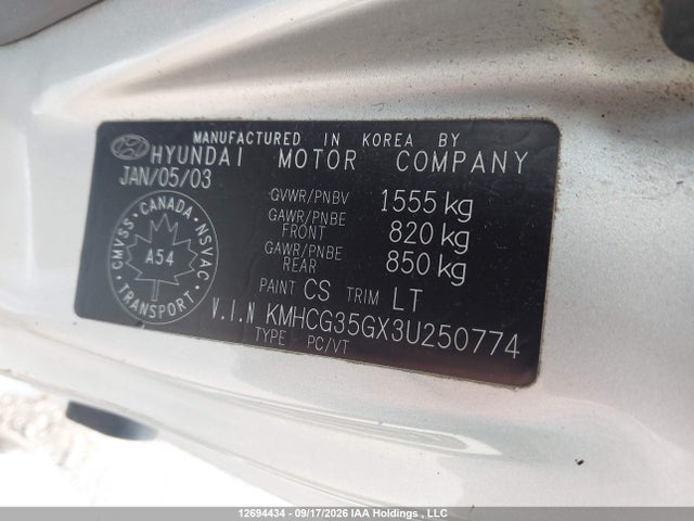 2003 Hyundai Accent მანქანა იყიდება აუქციონზე, vin: KMHCG35GX3U250774, აუქციონის ნომერი: 12694434