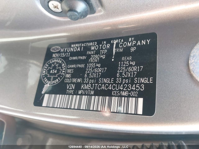 Aukcja sprzedaży 2012 Hyundai Tucson Gl, vin: KM8JTCAC4CU423453, numer aukcji: 12694440