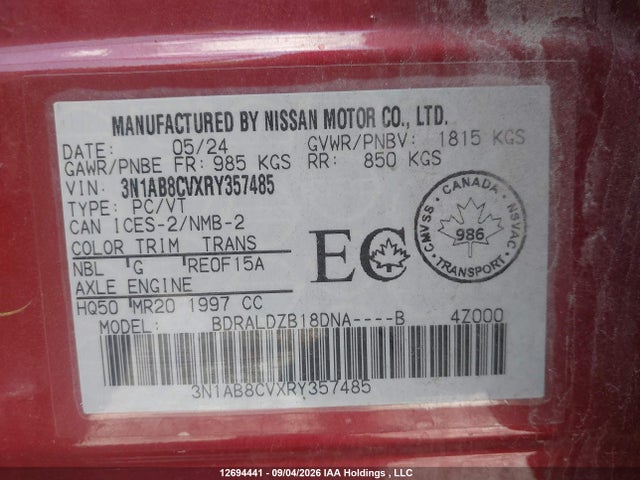 3N1AB8CVXRY357485 Nissan SENTRA SV