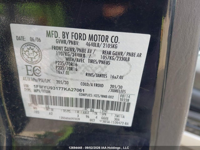 Продажа на аукционе авто 2007 Ford Escape Xlt, vin: 1FMYU93177KA27061, номер лота: 12694448