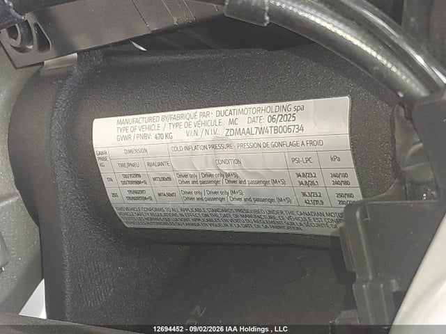 12694452 :رقم المزاد ، ZDMAAL7W4TB006734 vin ، 2026 Ducati Multistrada V4/v4s/v4s Travel/v4 Pikes Peak مزاد بيع