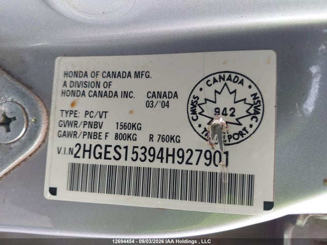 Продаж на аукціоні авто 2004 Honda Civic Se, vin: 2HGES15394H927901, номер лоту: 12694454
