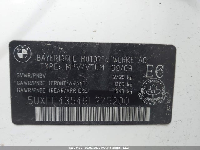 Продаж на аукціоні авто 2009 Bmw X5 Xdrive30i, vin: 5UXFE43549L275200, номер лоту: 12694466