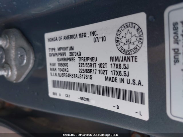 12694482 :رقم المزاد ، 5J6RE4H37AL817815 vin ، 2010 Honda Cr-v Lx مزاد بيع