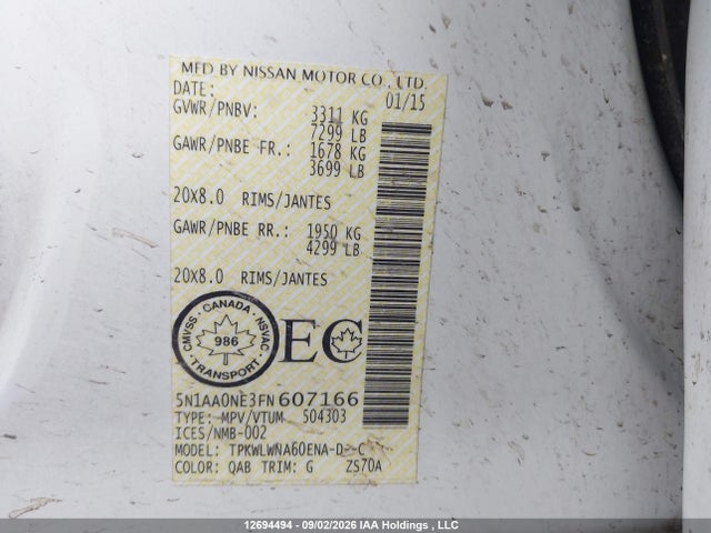 12694494 :رقم المزاد ، 5N1AA0NE3FN607166 vin ، 2015 Nissan Armada Platinum مزاد بيع