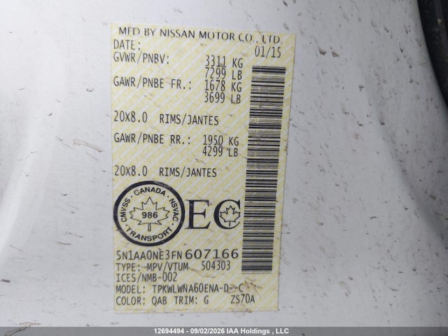12694494 :رقم المزاد ، 5N1AA0NE3FN607166 vin ، 2015 Nissan Armada Platinum مزاد بيع