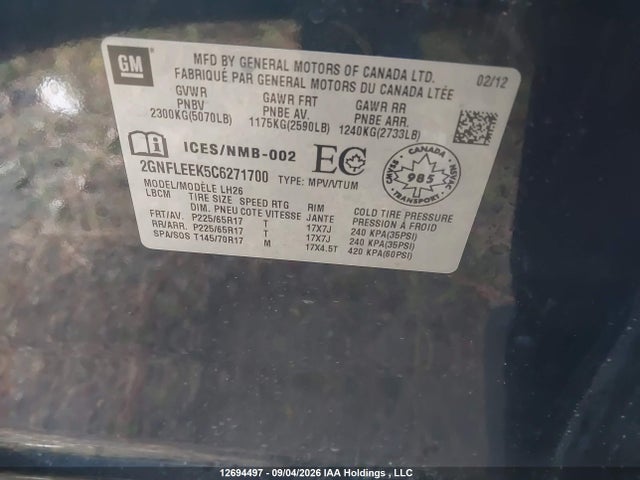 Продаж на аукціоні авто 2012 Chevrolet Equinox 1lt, vin: 2GNFLEEK5C6271700, номер лоту: 12694497