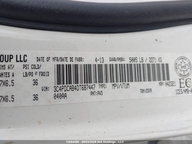 Продажа на аукционе авто 2013 Dodge Journey Cvp/se Plus, vin: 3C4PDCAB4DT687447, номер лота: 12694498