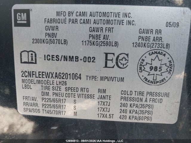 12694513 :رقم المزاد ، 2CNFLEEWXA6201064 vin ، 2010 Chevrolet Equinox Lt مزاد بيع