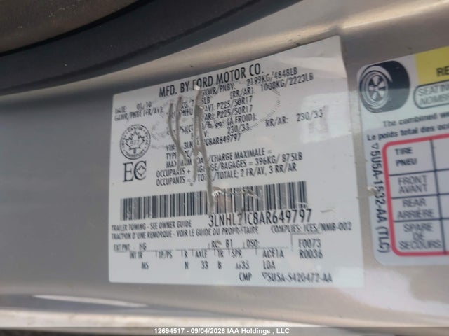 Aukcja sprzedaży 2010 Lincoln Mkz, vin: 3LNHL2JC8AR649797, numer aukcji: 12694517