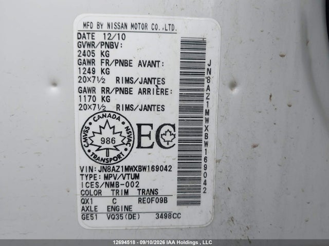 Продаж на аукціоні авто 2011 Nissan Murano S/sl/le, vin: JN8AZ1MWXBW169042, номер лоту: 12694518