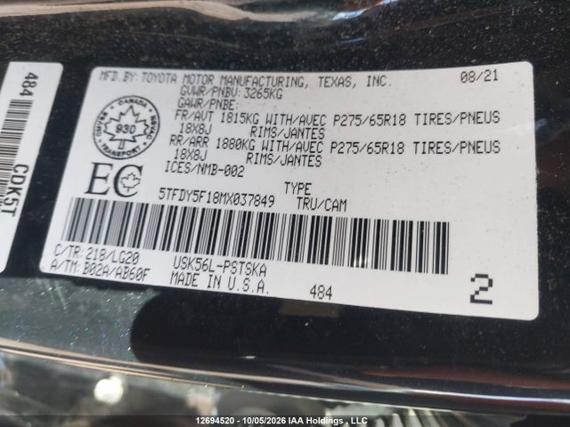 Продажа на аукционе авто 2021 Toyota Tundra Crewmax Sr5/crewmax Trd Pro, vin: 5TFDY5F18MX037849, номер лота: 12694520