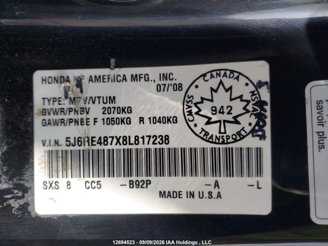 12694523 :رقم المزاد ، 5J6RE487X8L817238 vin ، 2008 Honda Cr-v Ex-l مزاد بيع