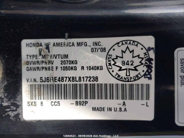 12694523 :رقم المزاد ، 5J6RE487X8L817238 vin ، 2008 Honda Cr-v Ex-l مزاد بيع
