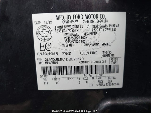 Aukcja sprzedaży 2013 Lincoln Mkx, vin: 2LMDJ8JK1DBL23670, numer aukcji: 12694526
