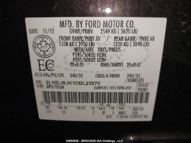 Aukcja sprzedaży 2013 Lincoln Mkx, vin: 2LMDJ8JK1DBL23670, numer aukcji: 12694526