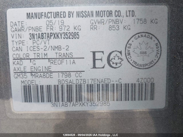 2019 Nissan Sentra 1.8 S/1.8 Sv მანქანა იყიდება აუქციონზე, vin: 3N1AB7APXKY352985, აუქციონის ნომერი: 12694528