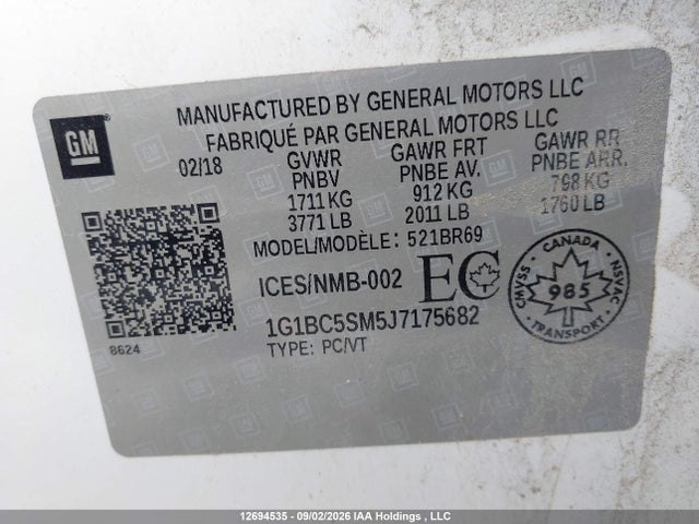 Продажа на аукционе авто 2018 Chevrolet Cruze Ls Auto, vin: 1G1BC5SM5J7175682, номер лота: 12694535
