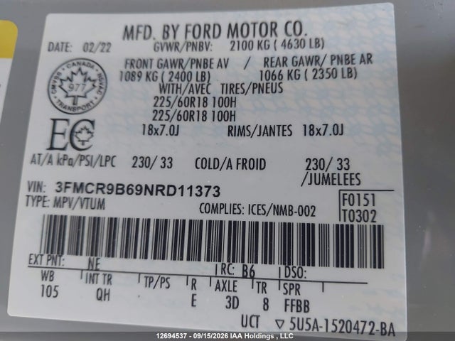 Продажа на аукционе авто 2022 Ford Bronco Sport Big Bend, vin: 3FMCR9B69NRD11373, номер лота: 12694537