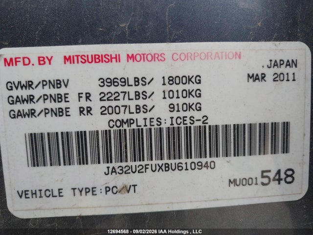 12694568 :رقم المزاد ، JA32U2FUXBU610940 vin ، 2011 Mitsubishi Lancer Es/es Sport مزاد بيع