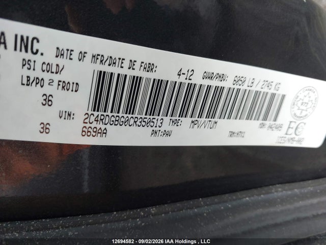 Продажа на аукционе авто 2012 Dodge Grand Caravan, vin: 2C4RDGBG0CR350513, номер лота: 12694582