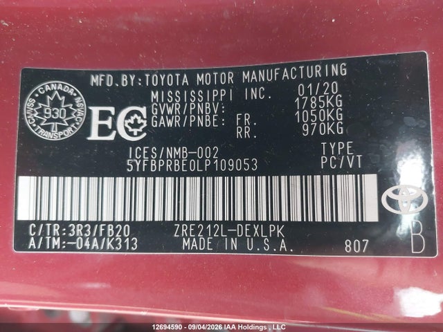 12694590 :رقم المزاد ، 5YFBPRBE0LP109053 vin ، 2020 Toyota Corolla Le مزاد بيع