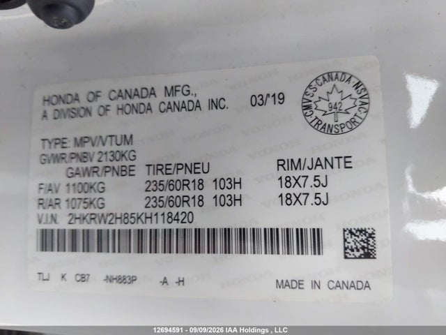 Honda CR-V EXL 2019 2HKRW2H85KH118420 Image 9