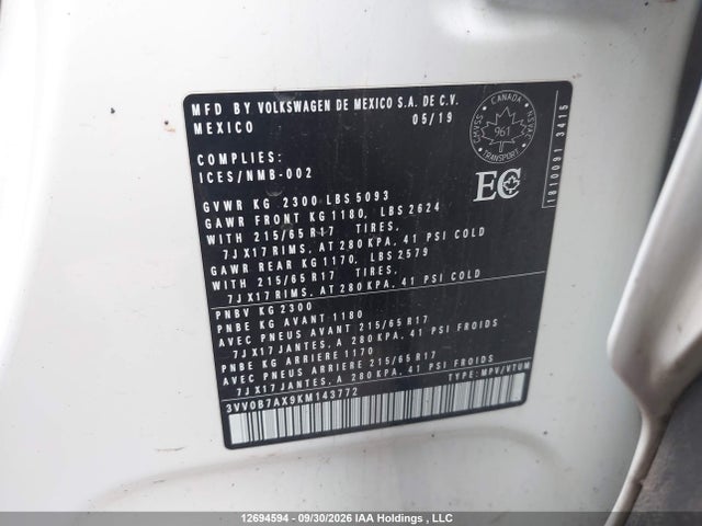 Aukcja sprzedaży 2019 Volkswagen Tiguan Trendline, vin: 3VV0B7AX9KM143772, numer aukcji: 12694594