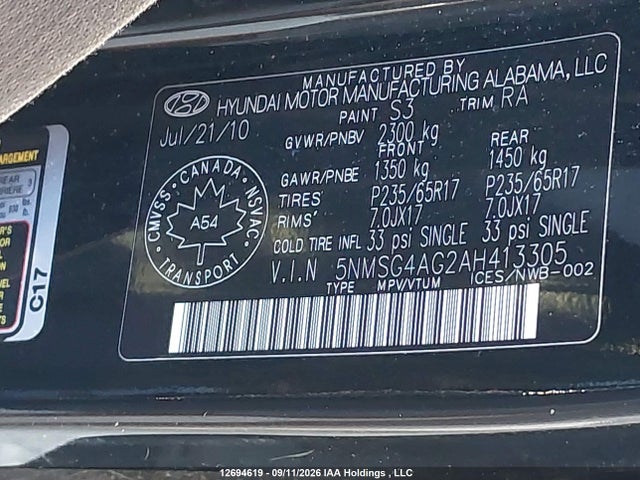 12694619 :رقم المزاد ، 5NMSG4AG2AH413305 vin ، 2010 Hyundai Santa Fe Gls مزاد بيع