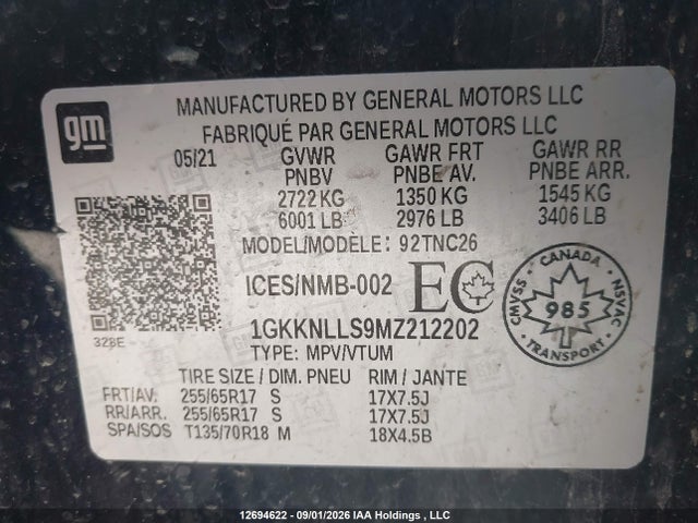 Aukcja sprzedaży 2021 Gmc Acadia, vin: 1GKKNLLS9MZ212202, numer aukcji: 12694622