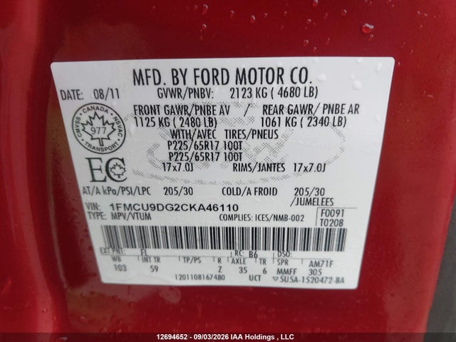 12694652 :رقم المزاد ، 1FMCU9DG2CKA46110 vin ، 2012 Ford Escape Xlt مزاد بيع