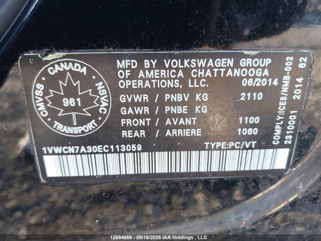 Продажа на аукционе авто 2014 Volkswagen Passat 2.0 Tdi Highline, vin: 1VWCN7A30EC113059, номер лота: 12694656