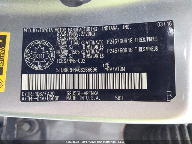 Toyota Highlander Le 2016 5TDBKRFH4GS266696 Image 9